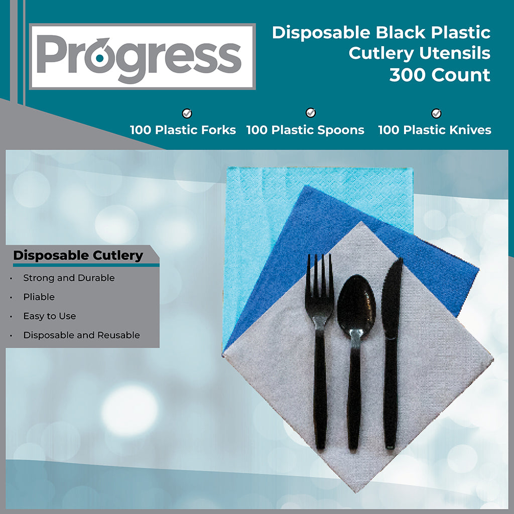 1000 Guests, Black Disposable Plastic Cutlery Set - 100 Spoons, 100 Forks and 100 Knives